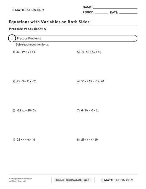 variables on both sides worksheet 8th grade